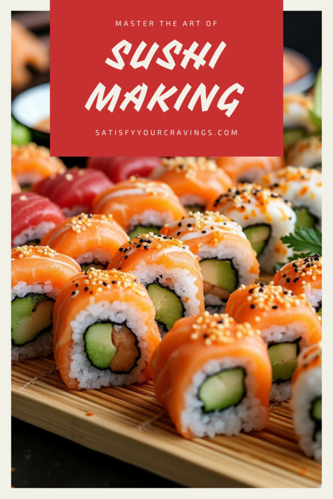 A sushi platter with a mix of salmon, tuna, and avocado rolls, displayed on a wooden board with soy sauce.