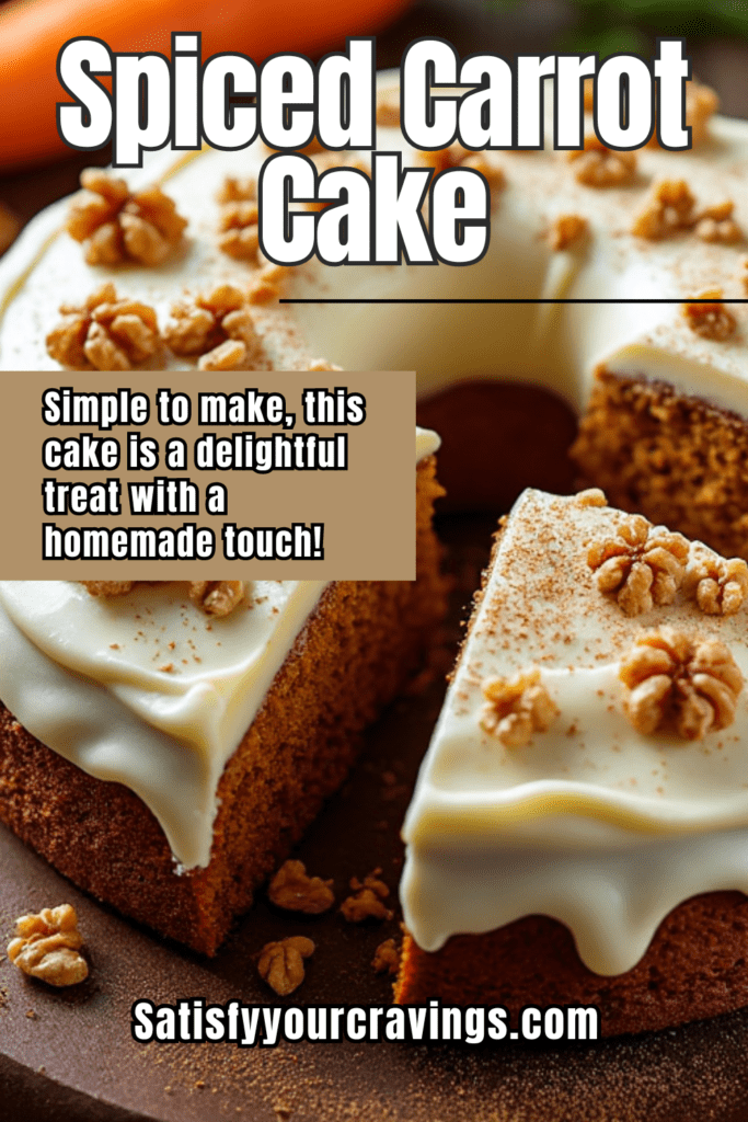 A spiced carrot cake with cream cheese frosting and walnuts, with the text "Spiced Carrot Cake" and a short description.