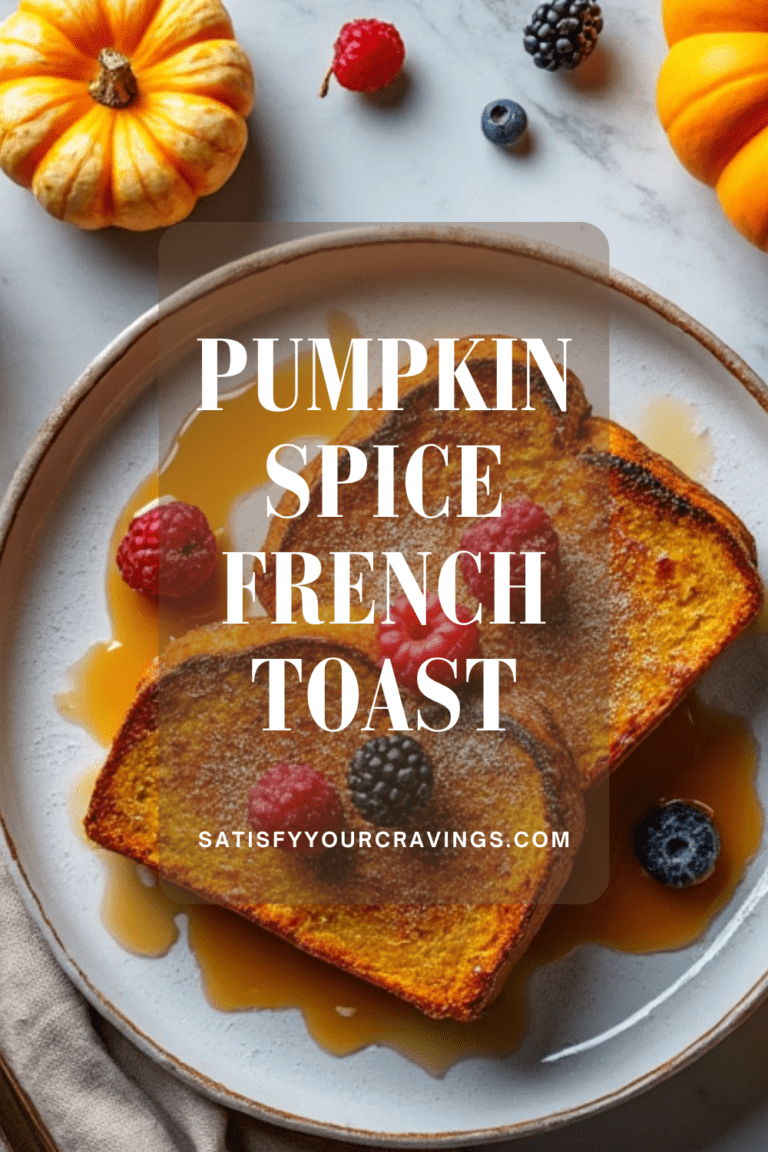 Pumpkin spice French toast with fresh berries and pumpkins, with text overlay reading "Pumpkin Spice French Toast" and "satisfyyourcravings.com"