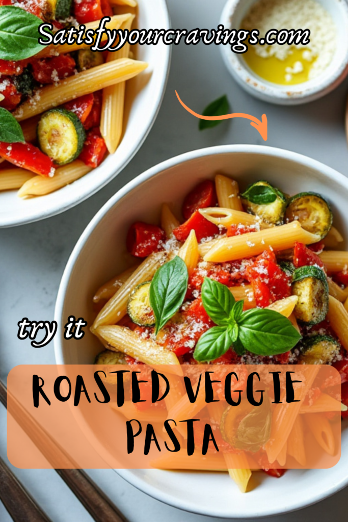 Advertisement for Roasted Veggie Pasta with website link.