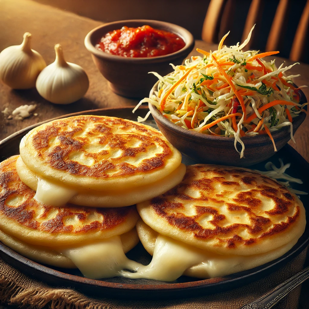 Golden cheese-filled Salvadoran pupusas served with curtido and salsa roja on a rustic plate.