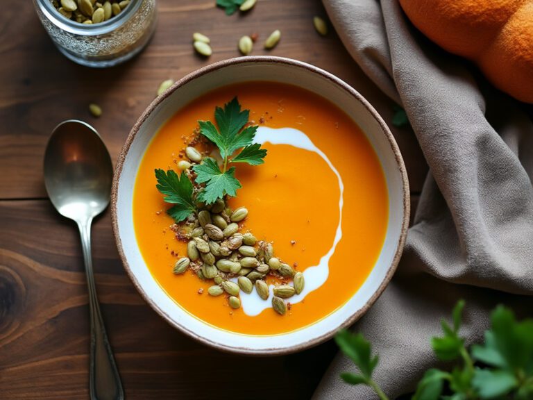 Overhead view of pumpkin and sweet potato soup topped with roasted seeds and parsley.