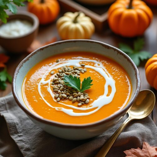 Bowl of creamy pumpkin and sweet potato soup garnished with roasted pumpkin seeds and fresh parsley.