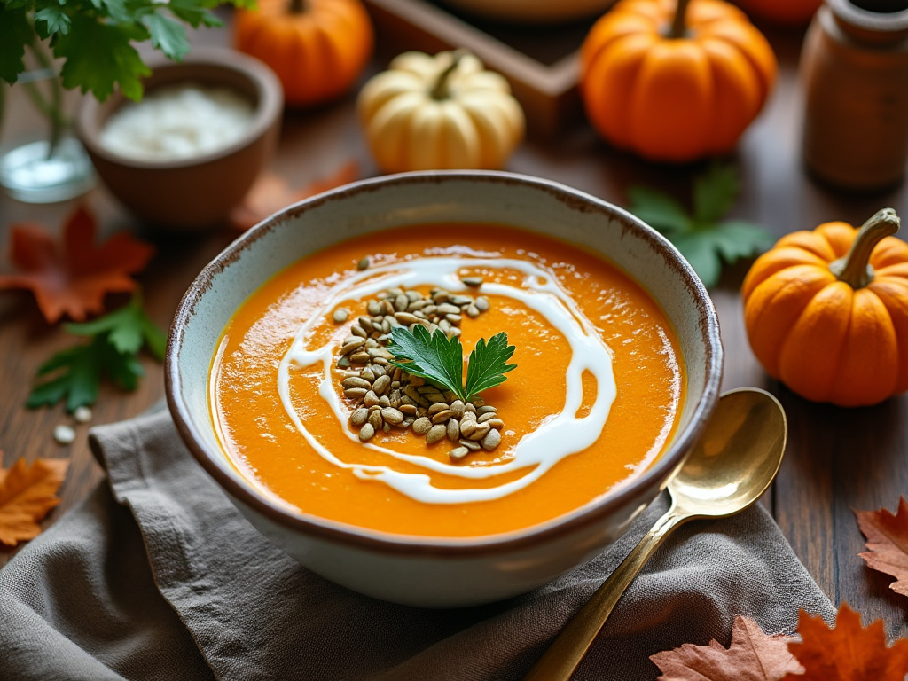 Bowl of creamy pumpkin and sweet potato soup garnished with roasted pumpkin seeds and fresh parsley.