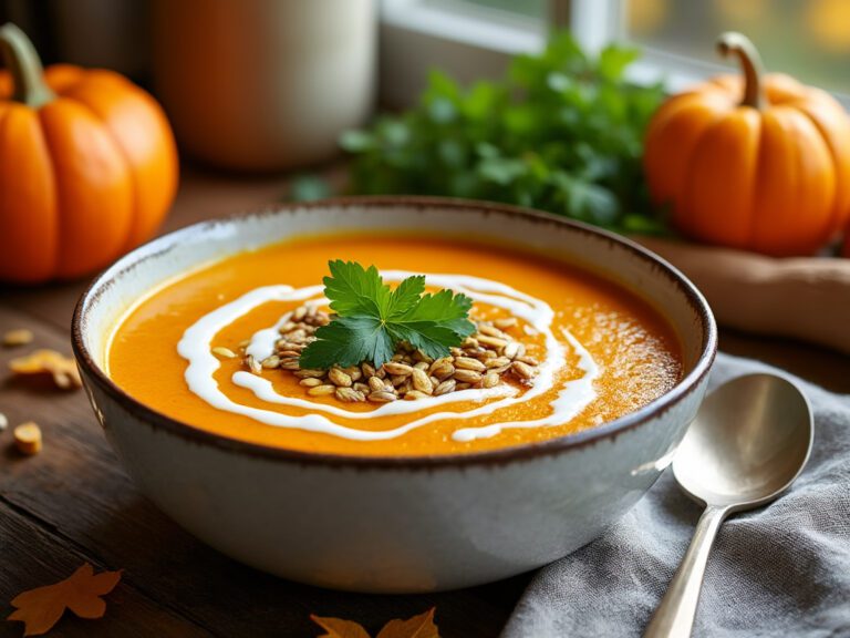 Pumpkin and sweet potato soup with a swirl of cream, garnished with seeds and parsley, by the window.