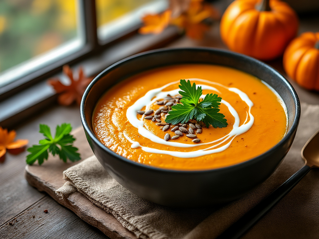 Pumpkin and sweet potato soup with parsley and seeds in a cozy kitchen setting.