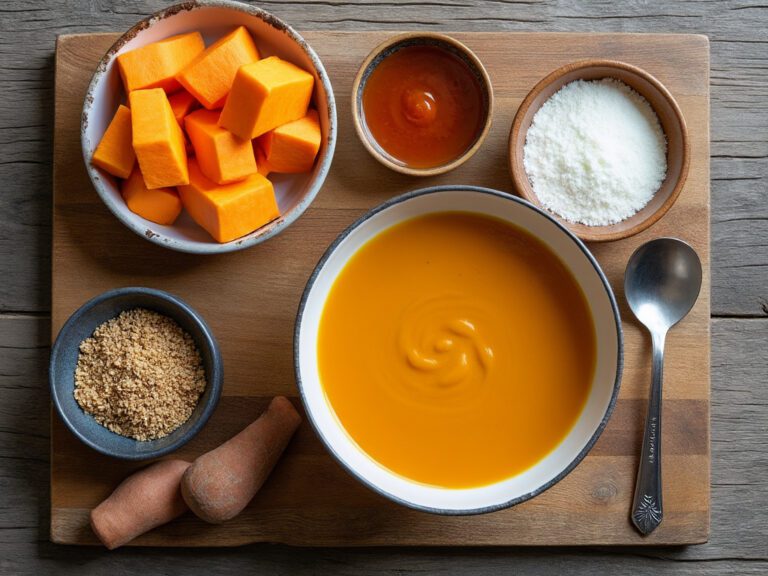 Ingredients for pumpkin and sweet potato soup on a rustic wooden board.