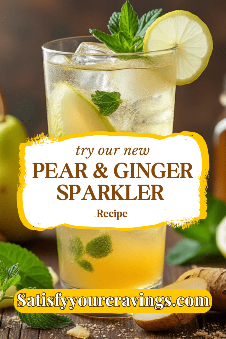 Refreshing Pear and Ginger Sparkler garnished with mint and lemon served on a rustic table