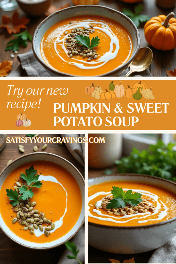 Pumpkin and sweet potato soup graphic with recipe details, featuring creamy soup topped with seeds and cream.