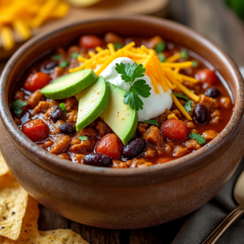 A bowl of turkey pumpkin chili topped with avocado, sour cream, shredded cheese, and cilantro.