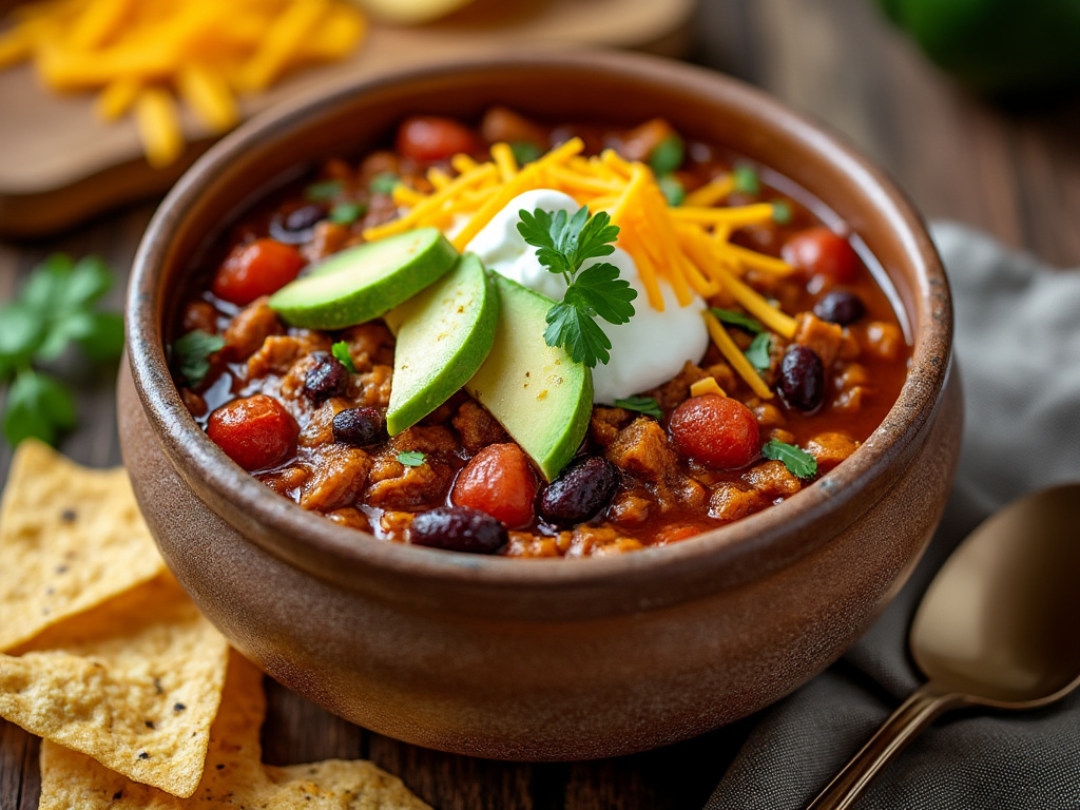 A bowl of turkey pumpkin chili topped with avocado, sour cream, shredded cheese, and cilantro.
