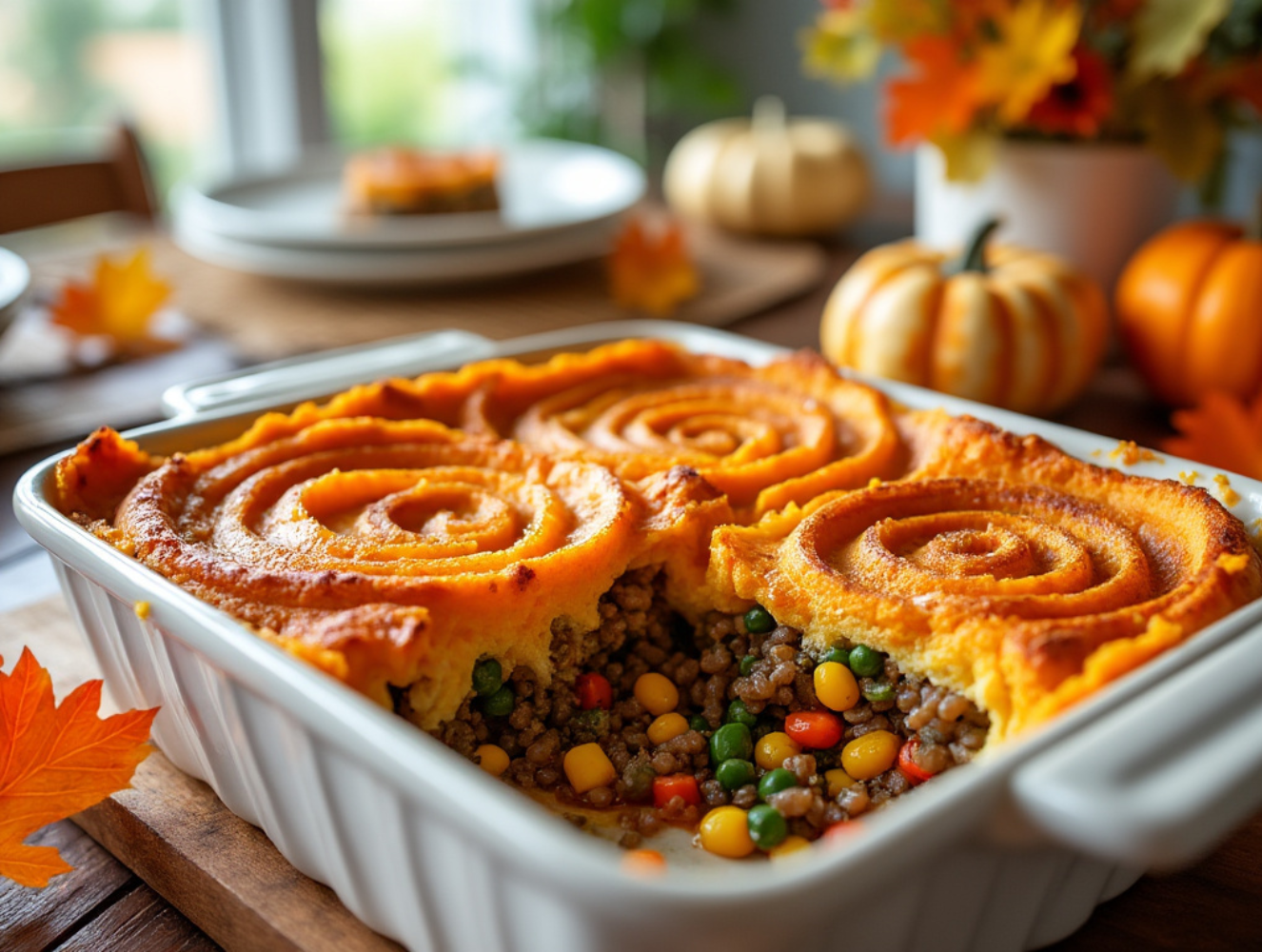 Vegetable Shepherd’s Pie with sweet potato topping swirled in a casserole dish, served on a fall-themed table with mini pumpkins.