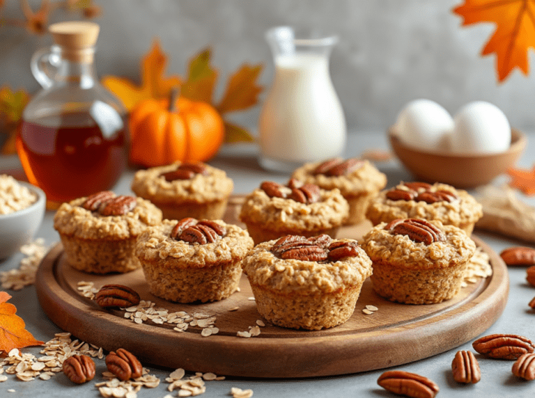 Maple Pecan Baked Oatmeal Cups on a wooden platter with fall decorations.