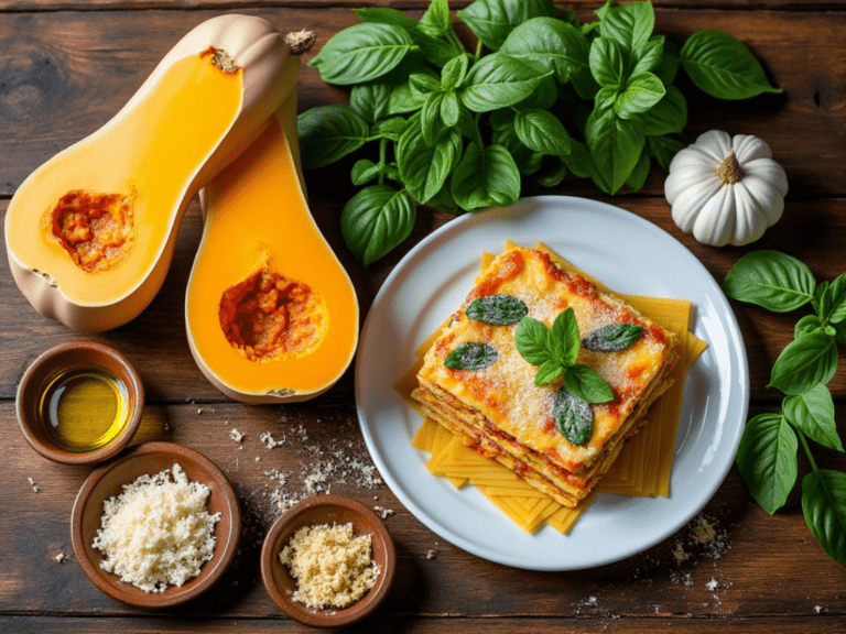 Ingredients for butternut squash and spinach lasagna with fresh butternut squash, olive oil, and gluten-free lasagna noodles.