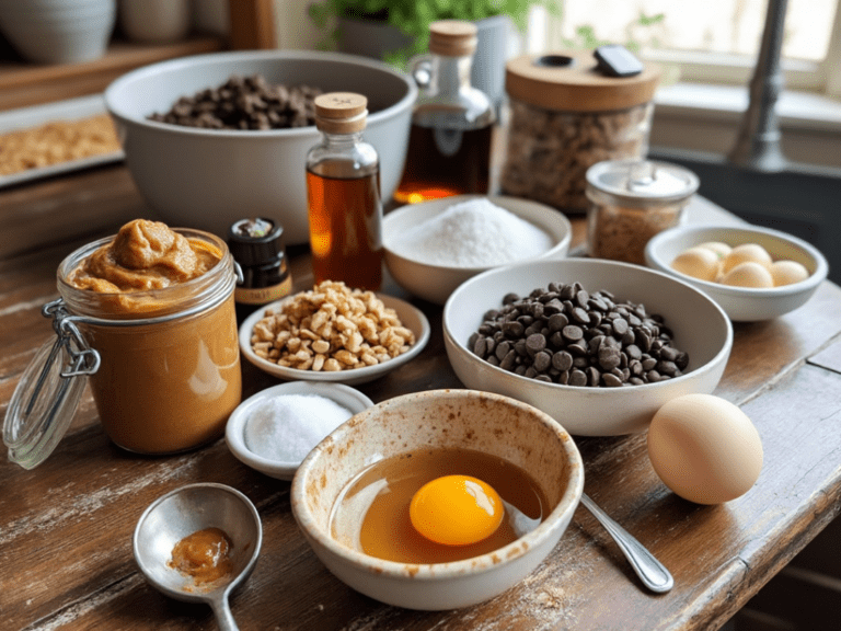 Ingredients for almond butter and chocolate chip blondies including almond butter, chocolate chips, vanilla extract, eggs, and more arranged on a kitchen countertop.