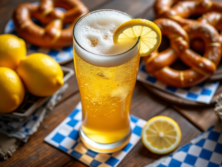 Refreshing Radler served with a lemon slice and pretzels.