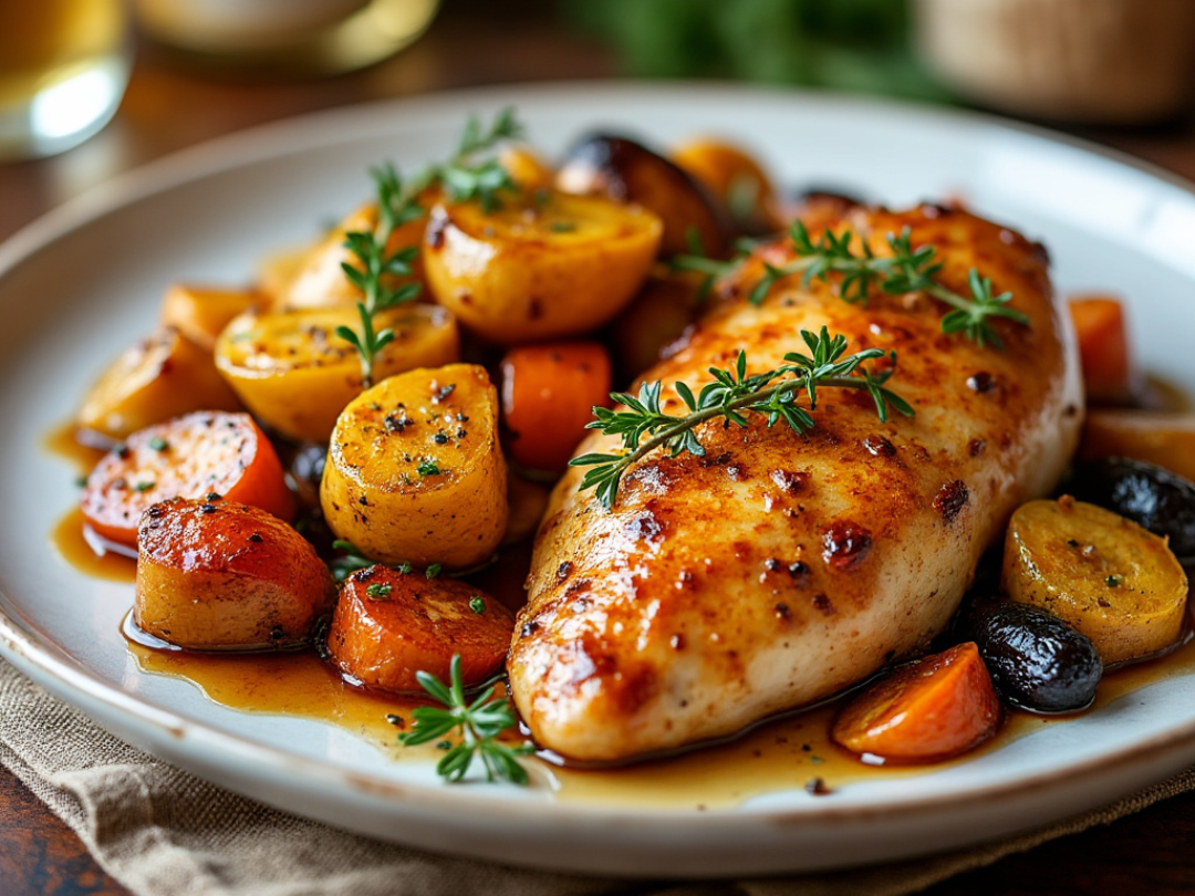 Golden baked maple Dijon chicken with roasted carrots and potatoes garnished with fresh thyme.