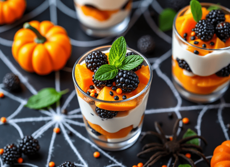 Halloween-themed fruit parfait with layers of orange segments, blackberries, and yogurt, topped with mint, set against a spiderweb backdrop with small pumpkins.