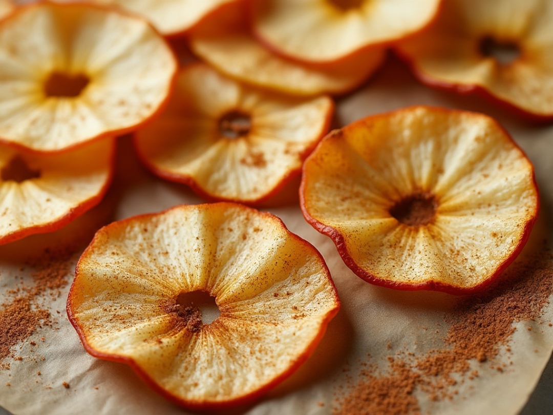 Thinly sliced baked apple chips with cinnamon on parchment paper.