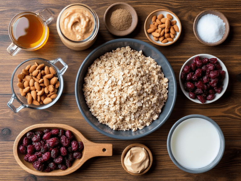 Ingredients for Cranberry Almond Breakfast Bars laid out on a wooden kitchen counter.