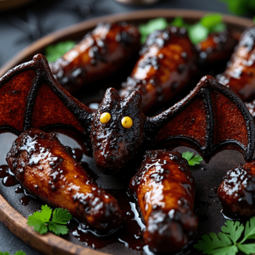 Bat-shaped glazed chicken wing with a dark balsamic glaze, surrounded by other similarly glazed wings on a platter.