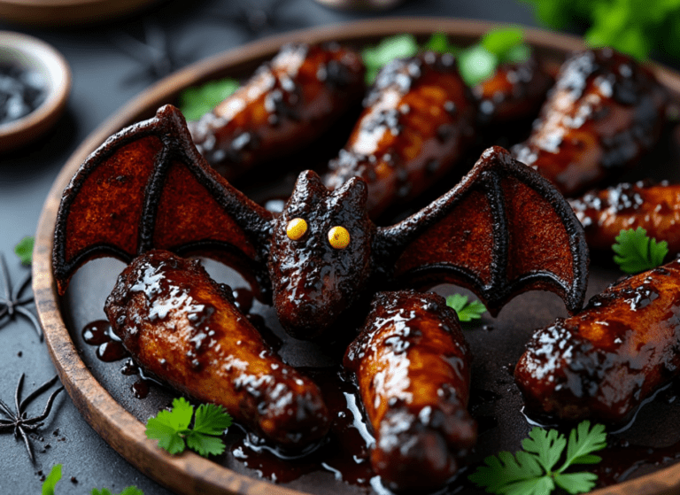 Bat-shaped glazed chicken wing with a dark balsamic glaze, surrounded by other similarly glazed wings on a platter.