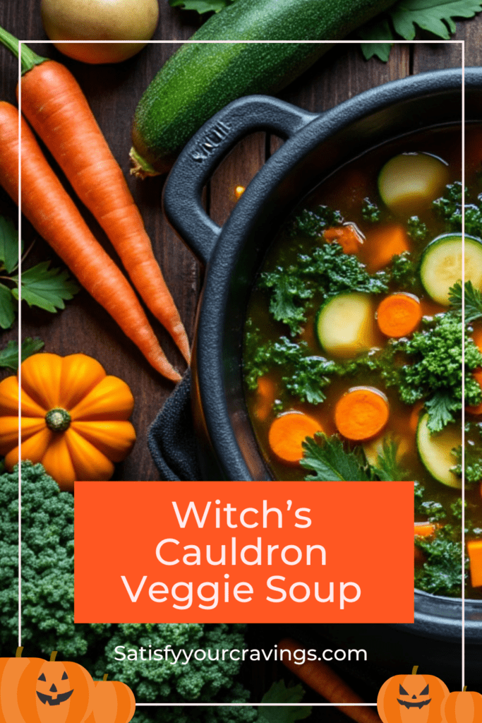 Overhead view of a cauldron filled with vibrant vegetable soup surrounded by pumpkins, carrots, and kale.