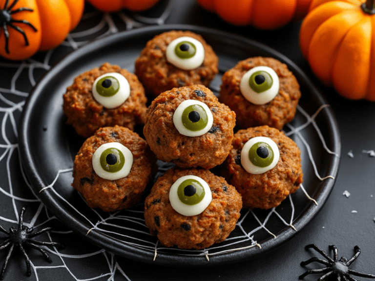 Halloween-themed turkey meatballs with green olive eyeballs on a black spiderweb plate.