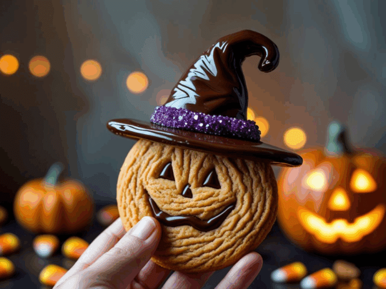 Hand holding a pumpkin-shaped cookie decorated with a glossy chocolate witch hat and purple sugar band, with blurred Halloween pumpkins and candy corn in the background.