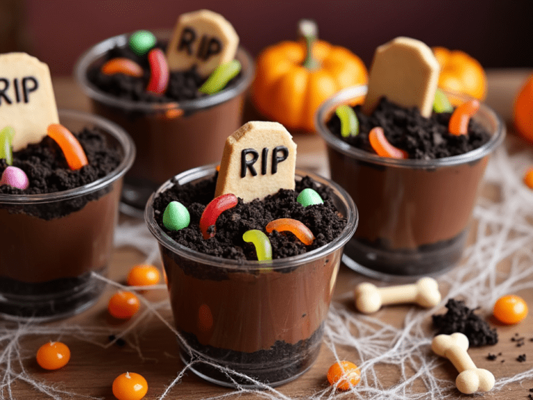 Halloween graveyard pudding cups with gummy worms and cookie tombstones