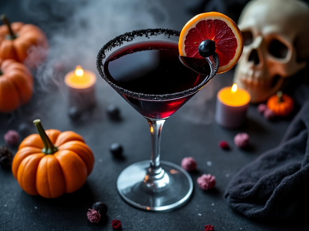 Halloween Black Magic Martini with black sugar rim and blood orange garnish