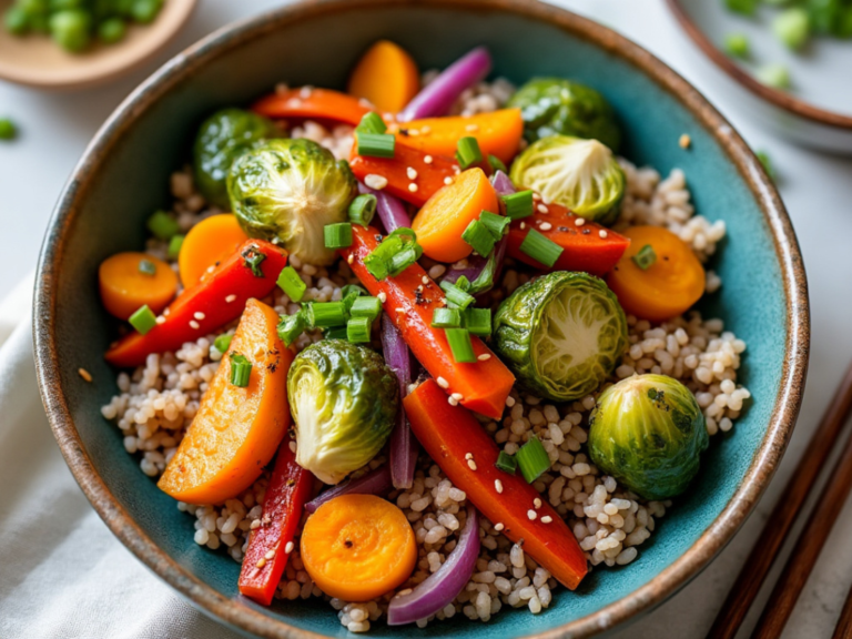 A vibrant bowl of Autumn Vegetable Stir Fry with Brown Rice featuring Brussels sprouts, carrots, red bell peppers, and onions.