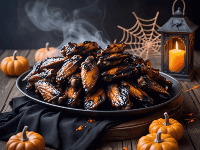 Smoky balsamic glazed chicken wings stacked on a platter with pumpkins, candle lantern, and spiderweb Halloween decorations.