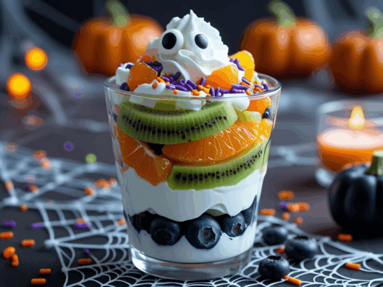 Halloween fruit parfait layered with blueberries, oranges, kiwi, whipped cream, and candy eyes in a spooky setting.