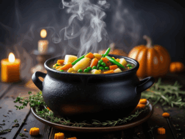 A steaming black cauldron filled with colorful vegetable soup, surrounded by pumpkins and glowing candles.