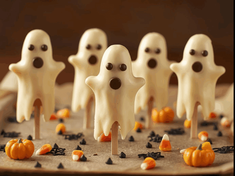 Chocolate-dipped banana ghosts on popsicle sticks decorated with candy corn and mini pumpkins for Halloween.