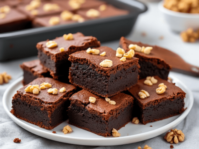 Fudgy sweet potato brownies stacked on a white plate, topped with crunchy walnuts, perfect for clean eating.