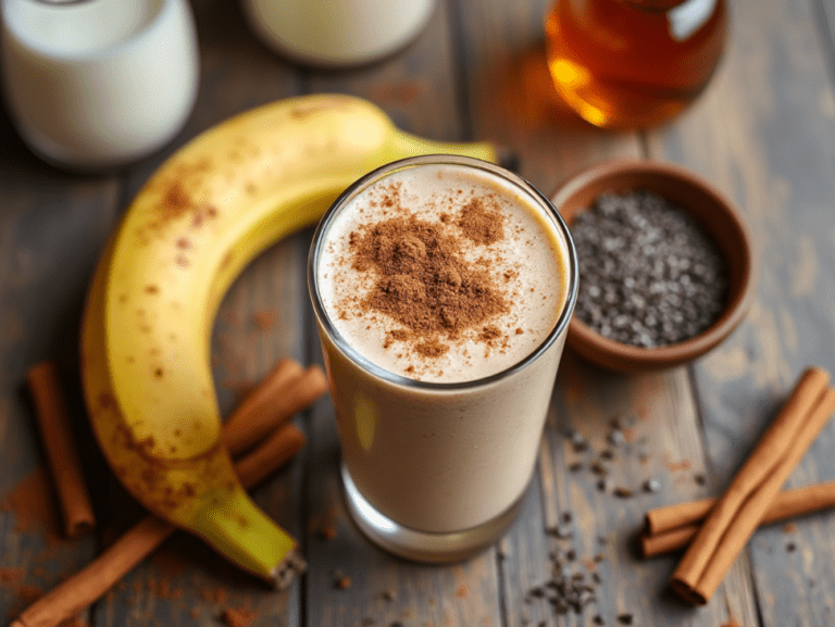 Cinnamon Maple Smoothie in a tall glass surrounded by ingredients like a banana, chia seeds, cinnamon sticks, and almond milk on a rustic table.