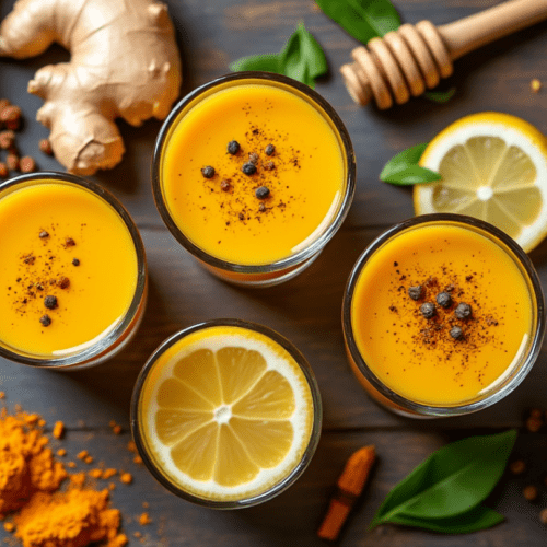 Ginger Turmeric Wellness Shots with Fresh Ginger, Lemon, and Black Pepper Garnish