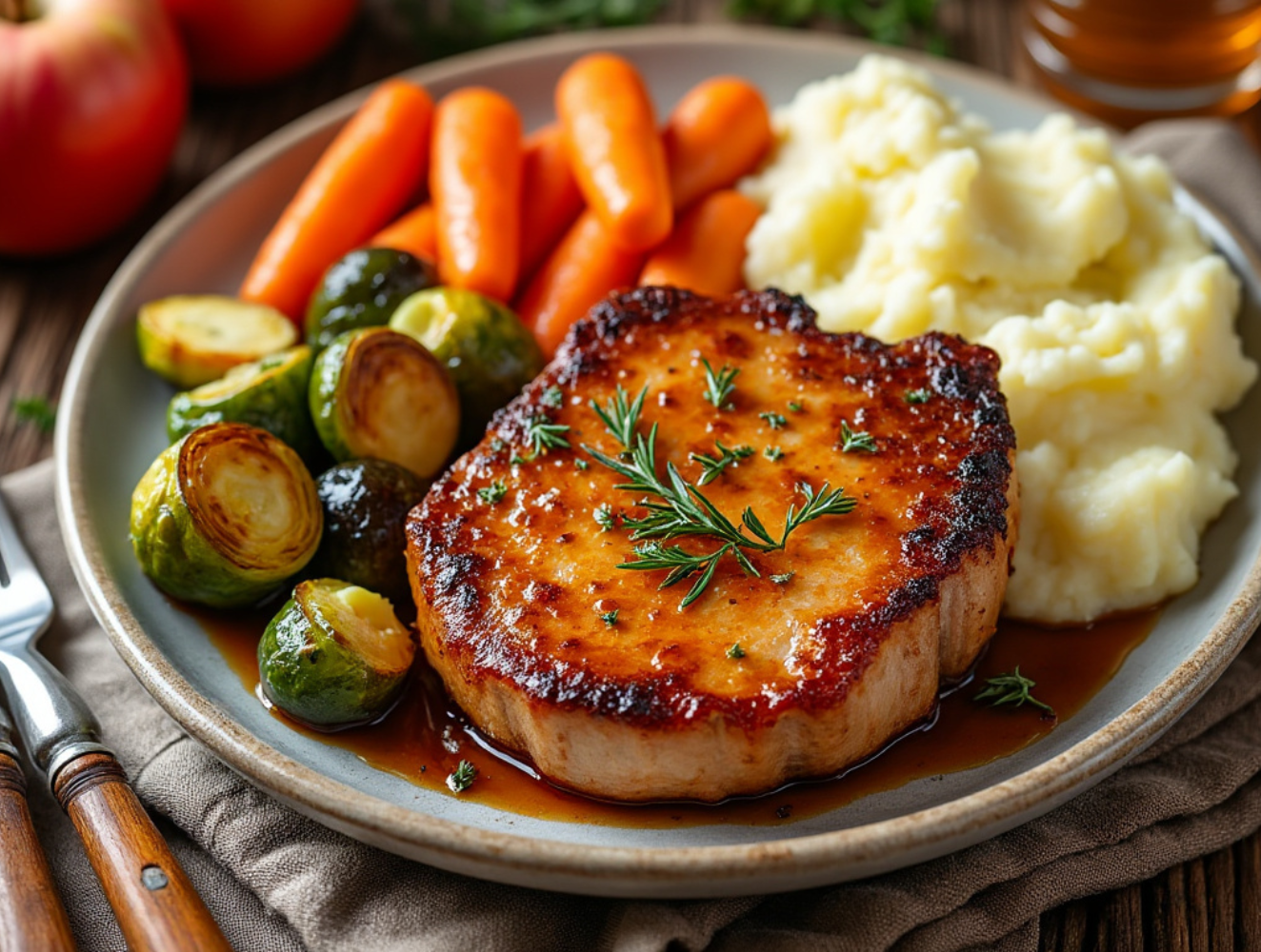 Apple Cider Glazed Pork Chop with roasted Brussels sprouts, carrots, and mashed potatoes on a rustic plate.