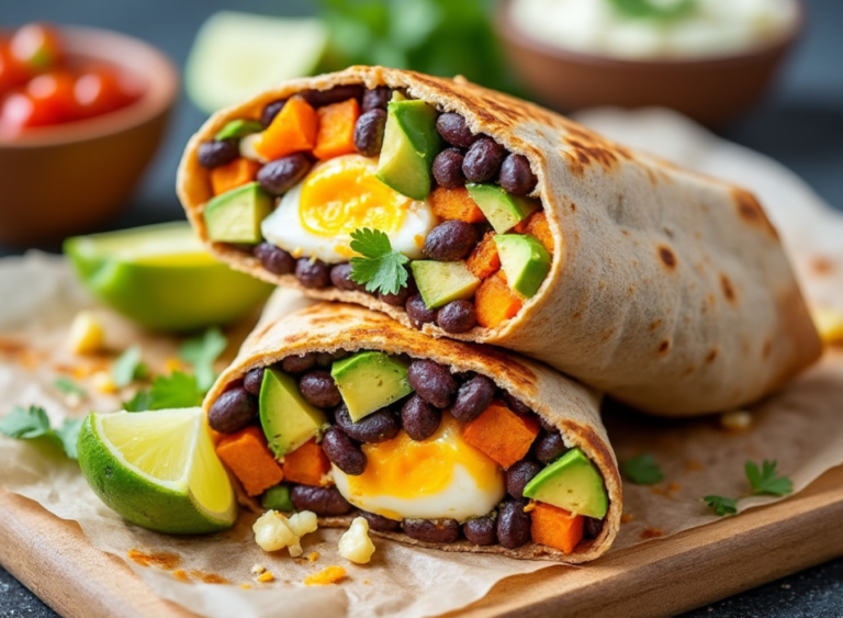 Close-up of Sweet Potato and Black Bean Breakfast Burrito with avocado and lime