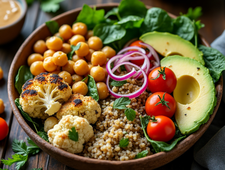 Roasted cauliflower and chickpeas in a bowl with quinoa, avocado, cherry tomatoes, and fresh spinach.