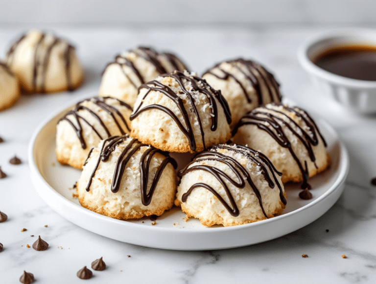 Coconut macaroons drizzled with dark chocolate on a white plate.