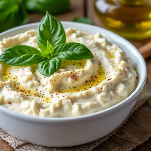 A white ceramic bowl of creamy cashew ricotta garnished with fresh basil leaves on a rustic wooden kitchen surface, with lemon, garlic, and olive oil in the background.