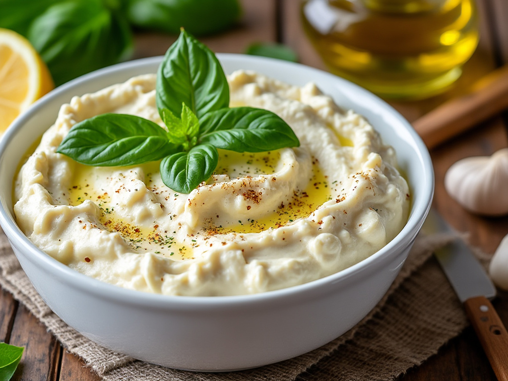 A white ceramic bowl of creamy cashew ricotta garnished with fresh basil leaves on a rustic wooden kitchen surface, with lemon, garlic, and olive oil in the background.