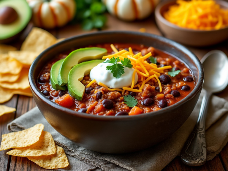 A rustic bowl of turkey pumpkin chili with avocado, sour cream, and tortilla chips on the side.