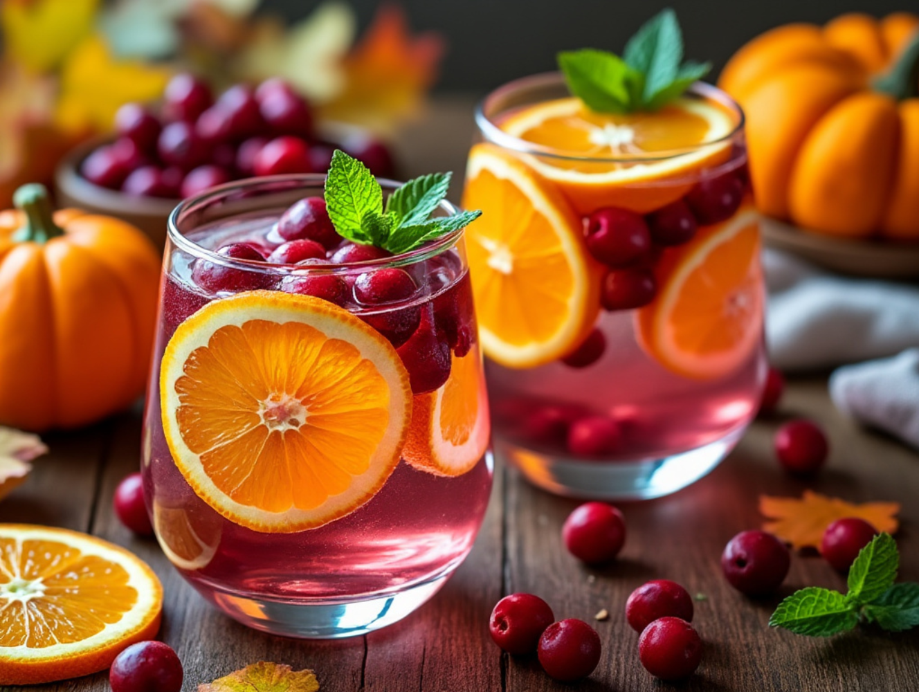 Two glasses of Cranberry and Orange Infused Water on a wooden surface with cranberries, orange slices, and pumpkins in the background, evoking a cozy autumn setting.