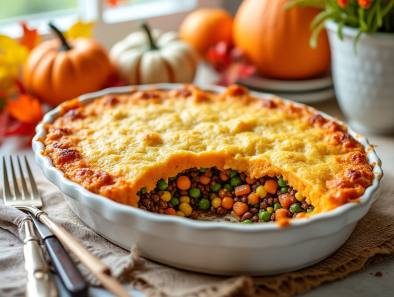 Vegetable Shepherd’s Pie with a golden sweet potato crust, served in a bright white dish with autumn decor in the background.