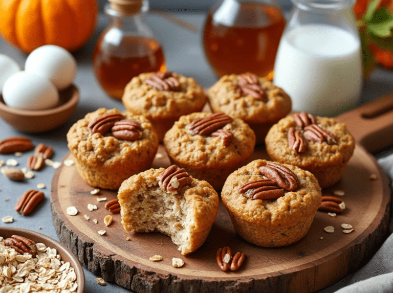 Maple Pecan Baked Oatmeal Cups on a wooden board with ingredients like maple syrup, eggs, and milk.