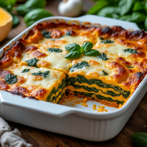 Baked butternut squash and spinach lasagna with golden, melted dairy-free cheese on top.